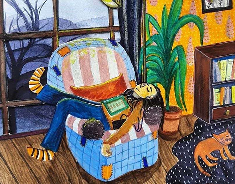 Painting of a person sprawled across a chair, sleeping, with a book on their chest